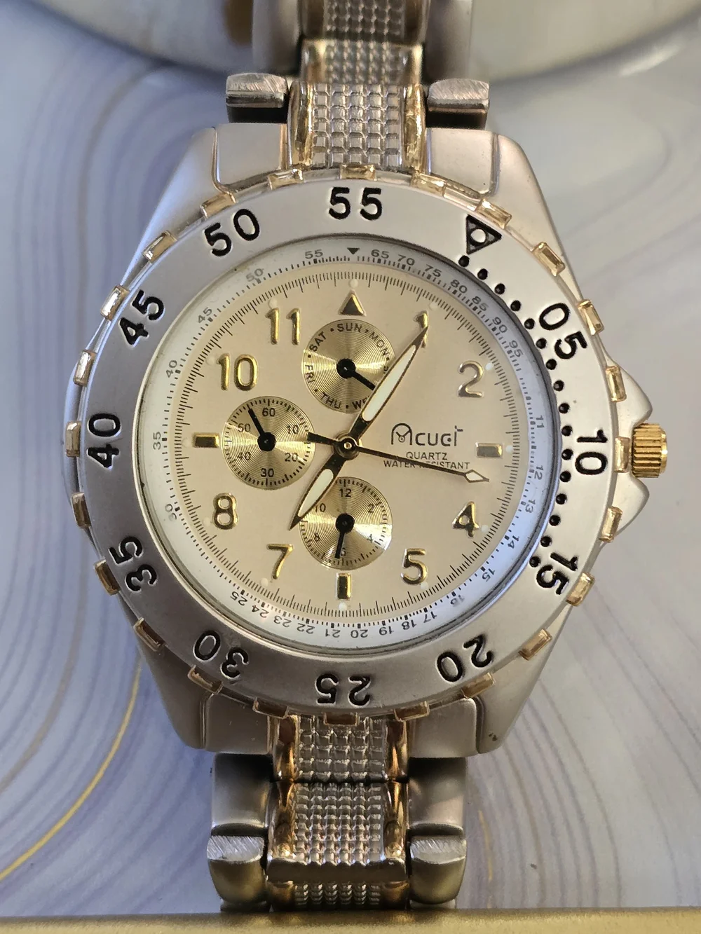 Gold-Tone Men's Quartz Chronograph Watch Rotate Bezel Working Cond.